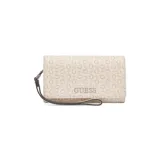 Billetera de mano Guess con estampado del logo de la marca en tonos beige y marrón. Incluye correa de mano extraíble.