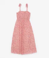 Vestido midi plus size de tule con estampado floral, escote recto, breteles con lazo y busto con lastex.