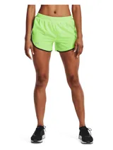 Shorts deportivos de running para mujer, color verde lima brillante, con borde negro y logo Under Armour reflectante. Presenta cintura elástica y malla estratégica para ventilación.