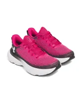 Zapatillas de running Under Armour Infinite para mujer, con capellada de tejido knit degradado en tonos gris y verde flúor, logo de la marca en el talón y suela blanca con tecnología HOVR.