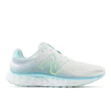 Championes de running New Balance 520 V8 para mujer, color blanco con detalles en celeste y verde.