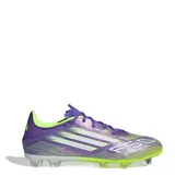 Championes de fútbol Adidas F50 League FG, unisex, color púrpura con detalles en blanco y amarillo limón.