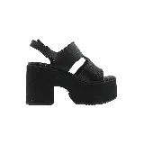 Sandalias negras con plataforma y taco cuadrado, tiras anchas sobre el empeine y correa ajustable al tobillo con hebilla metálica.
