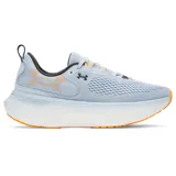 Championes de running Under Armour Infinite Elite, color celeste con detalles en naranja y suela blanca.
