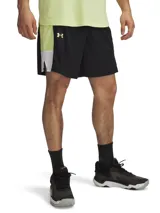 Short deportivo Under Armour Zone 7 para hombre, color negro con detalles en verde lima y blanco.