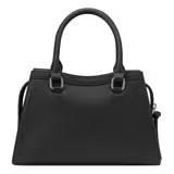 Cartera Guess modelo Wrenley, color negro, con doble asa corta y correa larga extraíble. Tiene cierre superior, bolsillos internos y logo de la marca en el frente.