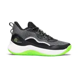 Zapatillas deportivas unisex Under Armour Curry 3Z 24, color negro con detalles en blanco y verde neón. Diseño con suela de goma duradera, capas de cuero y cordones de red con cierre de seguridad.