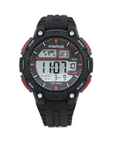 Reloj Mistral deportivo digital, color negro con detalles en rojo, con correa de silicona y resistencia al agua 100m.