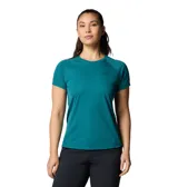 Remera deportiva Columbia para mujer, color azul verdoso, de manga corta y cuello redondo. Confeccionada con tecnología Omni-FREEZE ZERO Ice™ de enfriamiento activado por transpiración y tejido Omni-WICK™ absorbente.