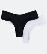 Kit de dos bombachas tipo bikini tanga, una blanca y otra negra, de microfibra, con moño de cetim aplicado.