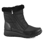 Bota de caña media color negro, con cierre lateral y detalle de piel sintética en el borde superior.