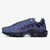 Championes Nike Air Max Plus con diseño de gradiente en tonos azules y violetas. Presentan la icónica estructura de líneas onduladas de TPU, unidad de amortiguación Air visible en la suela y suela de goma resistente.