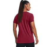 Remera gris de mujer marca Under Armour, de corte clásico y manga corta. Presenta el logo de la marca estampado en el pecho con diseño camuflado en tonos azules y negros.