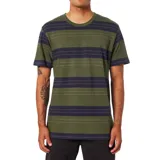 Remera verde con rayas horizontales azul marino y blancas.