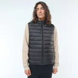 Chaleco acolchado negro con cierre frontal y cuello alto. Diseño liso e impermeable.