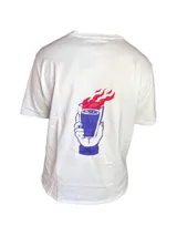 Remera blanca de algodón con cuello redondo y manga corta. Estampado pequeño en el pecho con una carita sonriente y la palabra 'Tuya'.