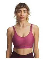 Sostén deportivo Under Armour Infinity Mid 2.0 color borgoña, con tecnología de sujeción que se sincroniza con cada movimiento y relleno de espuma hueca ultraligera. Tirantes regulables con logo de la marca.