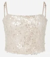 Blusa cropped con breteles ajustables, con forro y confeccionada en lentejuelas metalizadas.