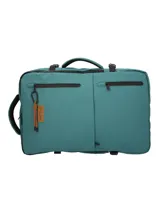 Mochila RKF unisex de poliéster reciclado repelente al agua, color gris. Cuenta con tres compartimentos independientes con cierre, compartimento para laptop de 15 pulgadas, triple bolsillo frontal con cierre, mango lateral, correas ajustables, almohadillas en la espalda, pasador para maleta y broches laterales.