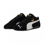 Zapatillas Puma Speedcat OG grises con detalles en blanco y dorado.