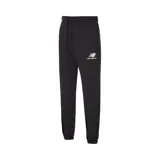 Pantalón de jogging negro de New Balance, modelo Essentials Stacked Logo, confeccionado en tejido de rizo francés, con cintura elástica con cordón y logo estampado en blanco en la pierna izquierda.