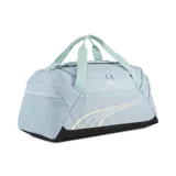 Bolso deportivo Puma color celeste con detalles en negro y amarillo. Tiene doble asa de mano y correa de hombro ajustable. Cuenta con cierre superior, bolsillo frontal con cierre y bolsillo lateral de malla. Logo de Puma estampado en el frente.