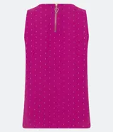 Musculosa fucsia con cuello en U y estampa de líneas verticales blancas. Cierre trasero con cremallera y tirador de corazón.
