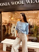 Camisa celeste a rayas verticales blancas, con cuello en V y mangas 3/4 abullonadas.