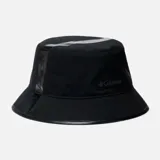 Gorro tipo bucket negro con banda horizontal plateada y logo de Columbia bordado en el lateral.