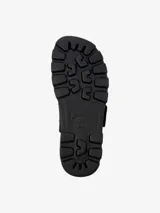 Sandalias con plataforma de cuero vacuno, con dos tiras anchas, una negra y otra blanca, con ajuste de velcro.