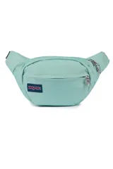 Riñonera JanSport Fifth Avenue color verde agua con logo de la marca en el frente. Cuenta con dos compartimentos con cierre y correa ajustable con hebilla.