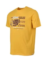 Remera color mostaza de algodón y poliéster con cuello redondo y manga corta. Estampado frontal con gráfico de maquinaria y texto.