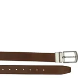 Cinturón reversible de cuero color marrón y tostado, con pespuntes a tono, siete agujeros, pasador metálico y hebilla rectangular color plata vieja libre de níquel y plomo.