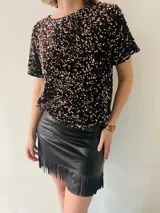 Blusa de terciopelo negro con lentejuelas doradas, de manga corta y escote redondo.