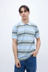 Chomba polo celeste con rayas horizontales grises y verdes, media cartera de botones y bordado en el pecho.