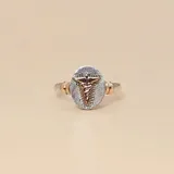 Anillo con base ovalada de plata 925 y aplique de caduceo en oro 9k.