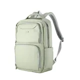 Mochila de diseño cuadrado, color beige claro, con múltiples compartimentos frontales con cierre y correas acolchadas para los hombros.