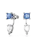 Aros ear jacket plateados con cristales Swarovski azules cuadrados y cristales Swarovski blancos en forma de pera.