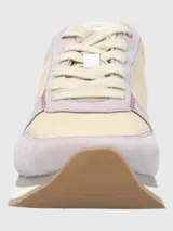 Zapatillas urbanas Hush Puppies Bliss Sun, con capellada de cuero y poliéster en tonos beige, verde y rosa. Suela de goma con tecnología memory foam.