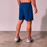Short deportivo azul con cintura elástica y logo estampado en la pierna.
