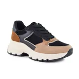 Championes Korium Molly de estilo casual, con plataforma chunky, cordones negros y combinación de texturas en color negro, marrón y beige con detalles dorados.