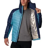Campera Columbia Platinum Peak para hombre, con capucha y cierre frontal. Diseño color block en azul marino y celeste. Cuenta con tecnología térmica reflectante Omni-Heat Infinity y plumón sintético reciclado Omni-Heat.