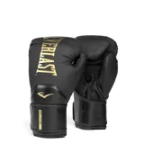 Guantes de boxeo Everlast Elite negros con detalles dorados y logo de la marca.