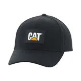 Gorro negro con logo de CAT en el frente, visera curva y cierre ajustable en la parte posterior.
