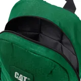 Mochila Caterpillar color verde con estampado geométrico, logo de la marca en el frente, tiradores de cremallera negros mate, tirantes ajustables de malla elástica, bolsillo portaobjetos y ranuras para bolígrafos en el compartimento principal, compartimento trasero principal con bolsillo acolchado para portátil.
