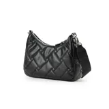 Bandolera negra de cuero sintético acolchado con diseño entretejido. Tiene correa de hombro regulable, cierre superior, bolsillo interno con cierre y dos bolsillos abiertos.