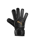 Guantes de arquero Puma King 4, color negro y blanco, con palma de látex supersuave de 2mm. Presentan detalles en dorado y la inscripción "KING" en el dorso.