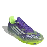 Championes de fútbol Adidas F50 League FG, diseño unisex en color púrpura con detalles en blanco y amarillo limón.