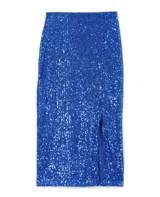 Falda midi elastizada con lentejuelas azules, forrada hasta la mitad y con tajo pronunciado.