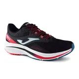 Championes deportivos Joma Active 2401 para hombre, color negro con detalles en rojo y blanco. Recomendados para running, entrenamiento ligero, marcha y uso diario. Parte superior de jacquard transpirable con perforaciones VTS y refuerzos sintéticos. Entresuela de phylon y suela de goma resistente a la abrasión.